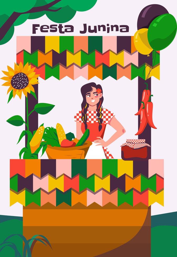 Festa Junina Stall with Traditional Foods and Decorations vector
