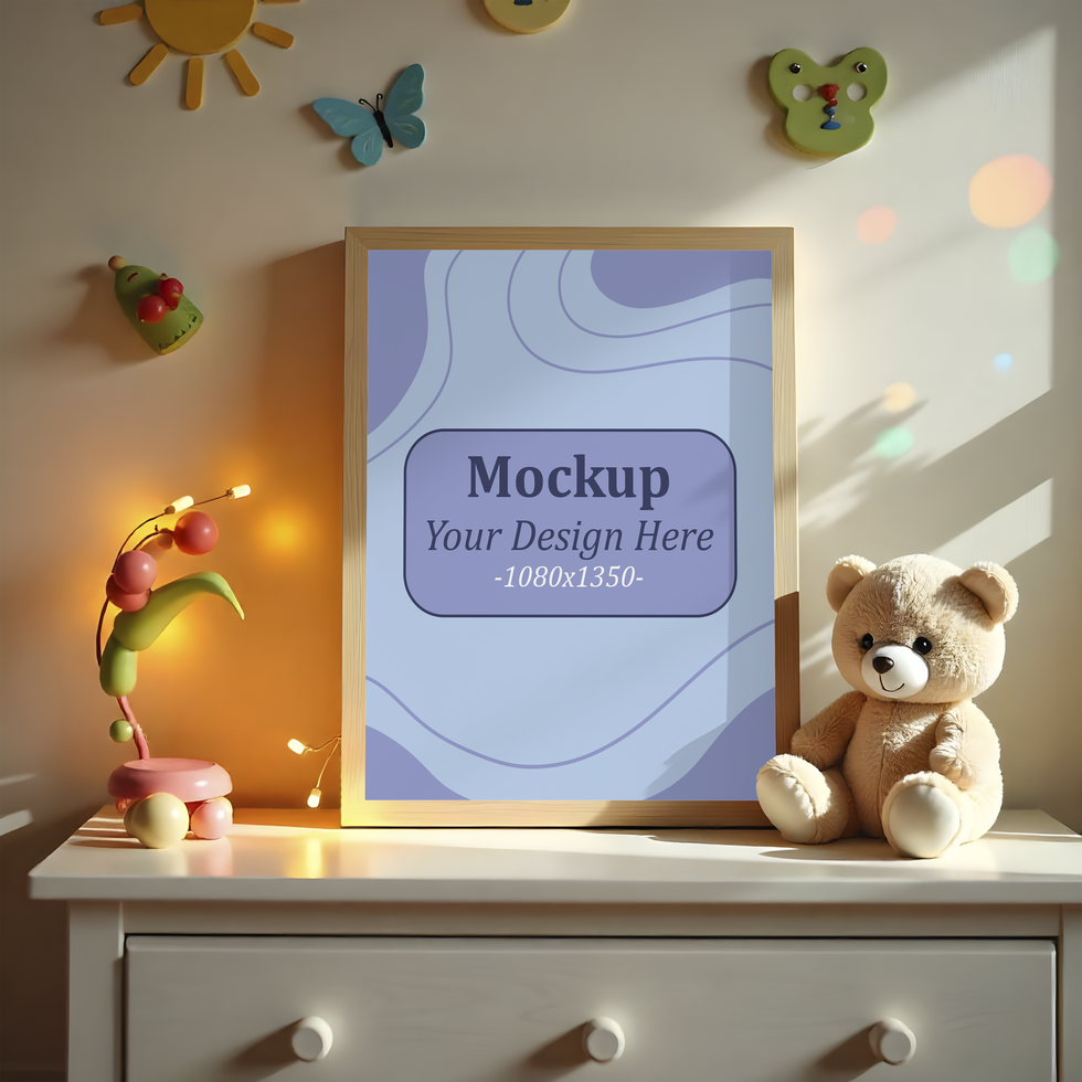 Mockup of a frame on a dresser next to a teddy bear in a child's room psd
