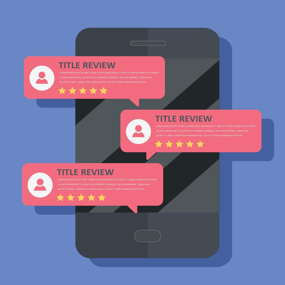 Concept of feedback, testimonials messages and notifications. Speech bubbles on mobile phone with review rating, flat style smart phone reviews stars with good and bad rate and text. vector