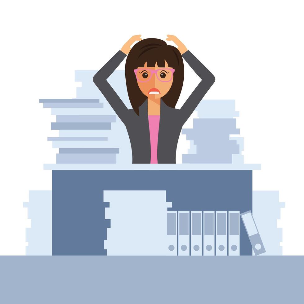 Overworked woman in her office. Worried woman have a lot of work. Flat illustration vector