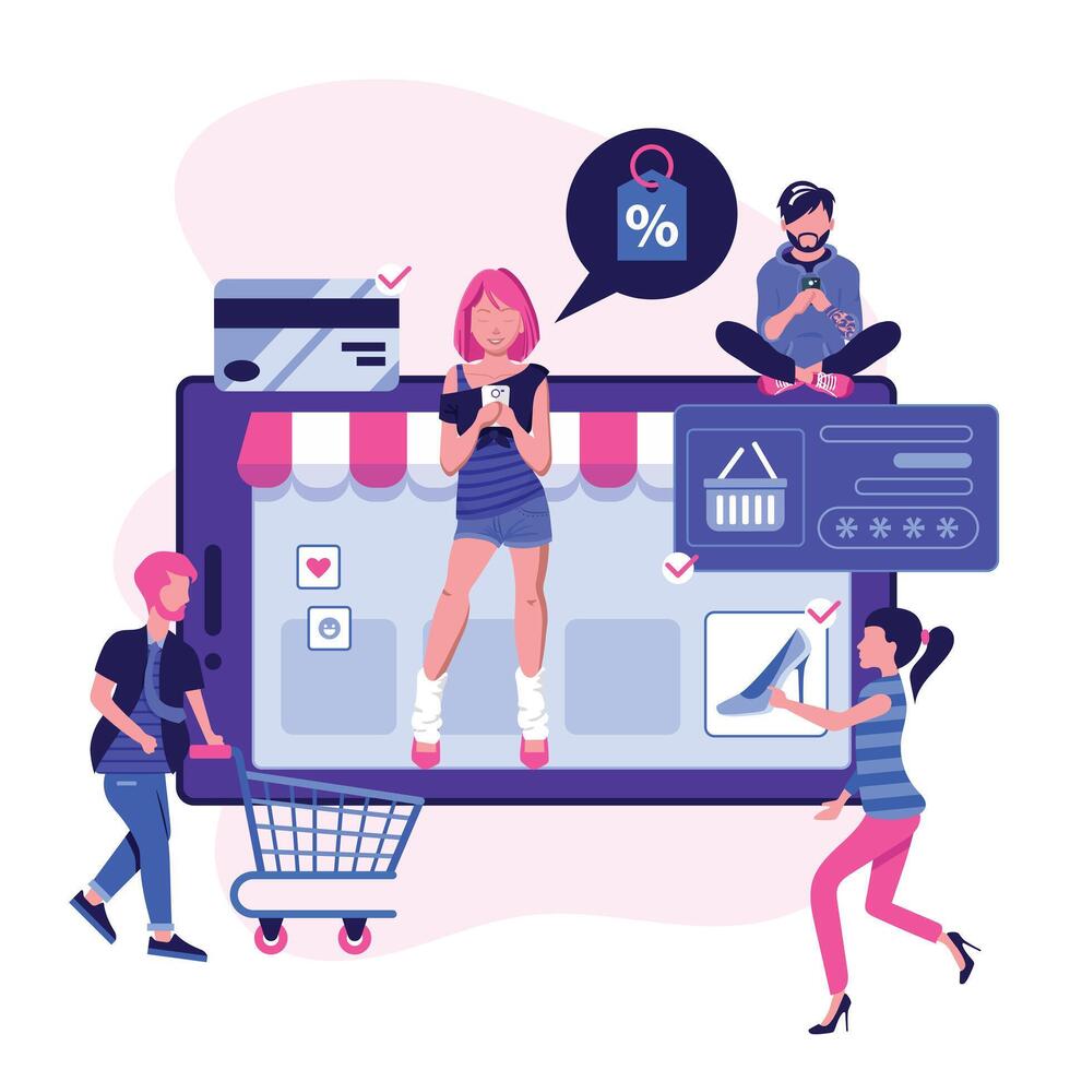 Online mobile shopping scene with men and women making purchases on internet. M commerce concept with people shopping on smartphone. E-commerce advertising illustration. Flat illustration vector
