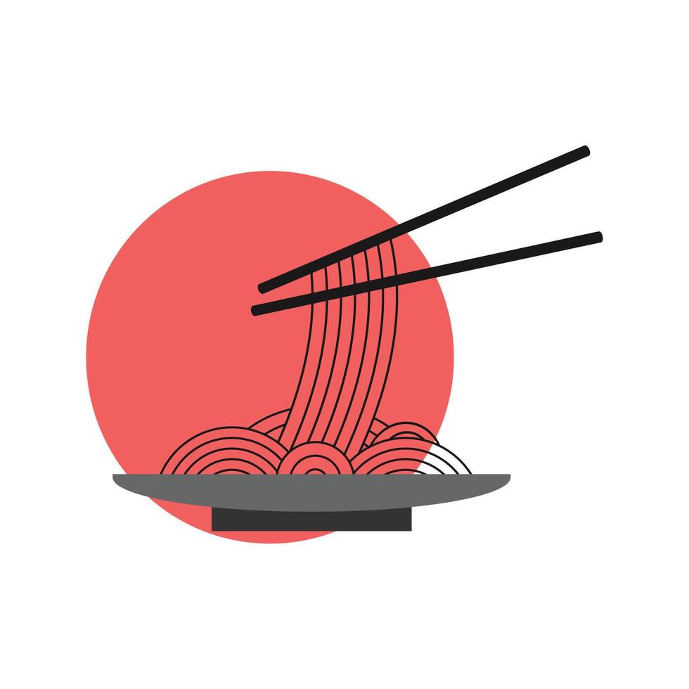 illustration of Asian noodles with chopsticks on a plate. Hot dishes. Icons of dishes. vector