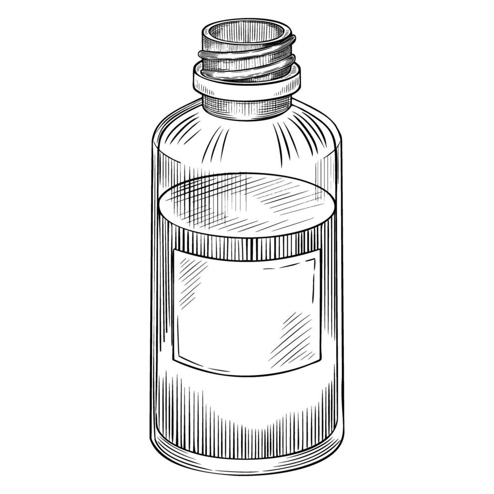 drawing of a essential oil Bottle. Linear illustration of glass vial with liquid painted by black inks for aromatherapy or herbal medicine. Outline etching for apothecary or cosmetic design. vector