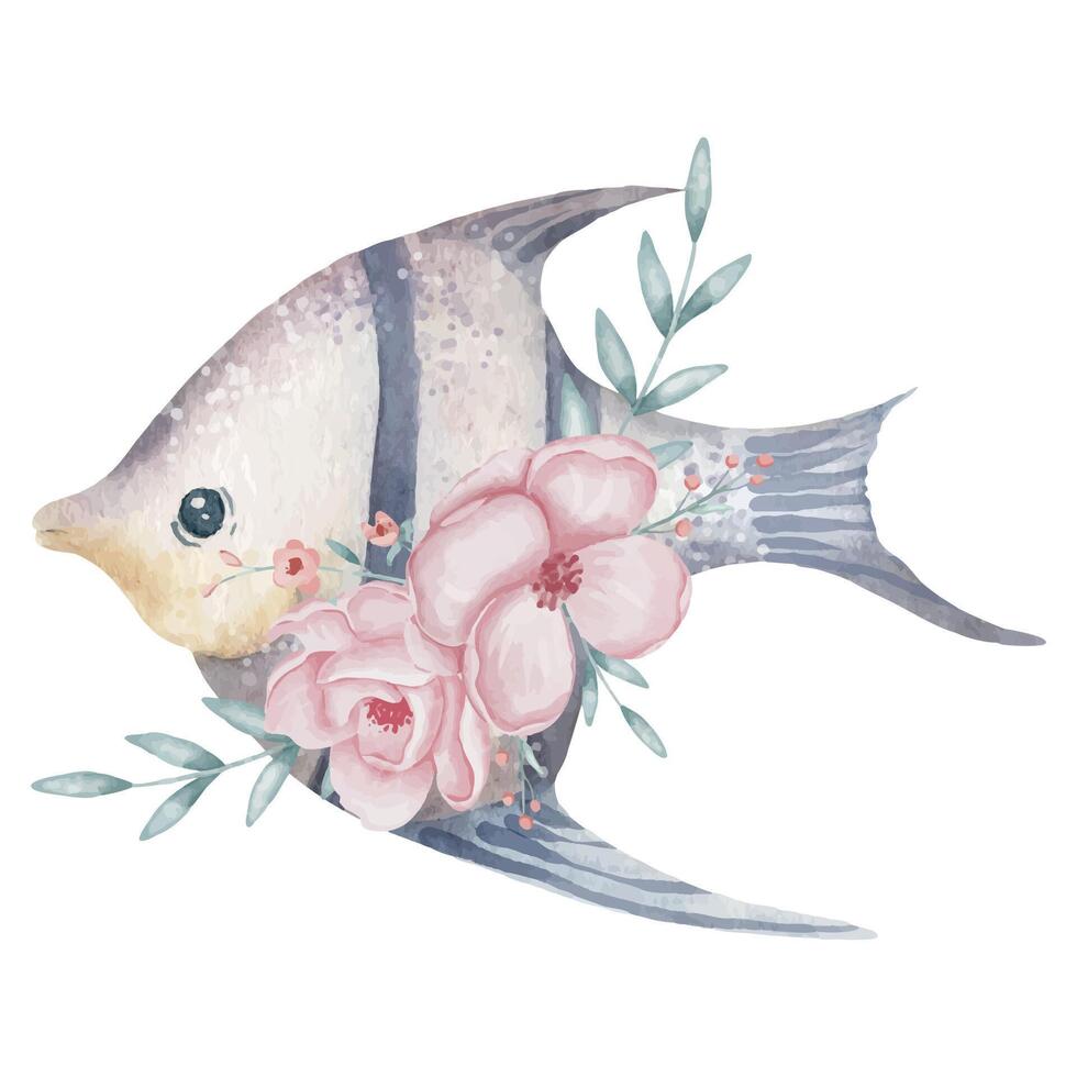 Watercolor illustration of a Fish adorned with pink Flowers and green leaves. Drawing of underwater animal with floral elements on isolated background. Art for posters in marine stile or icon. vector