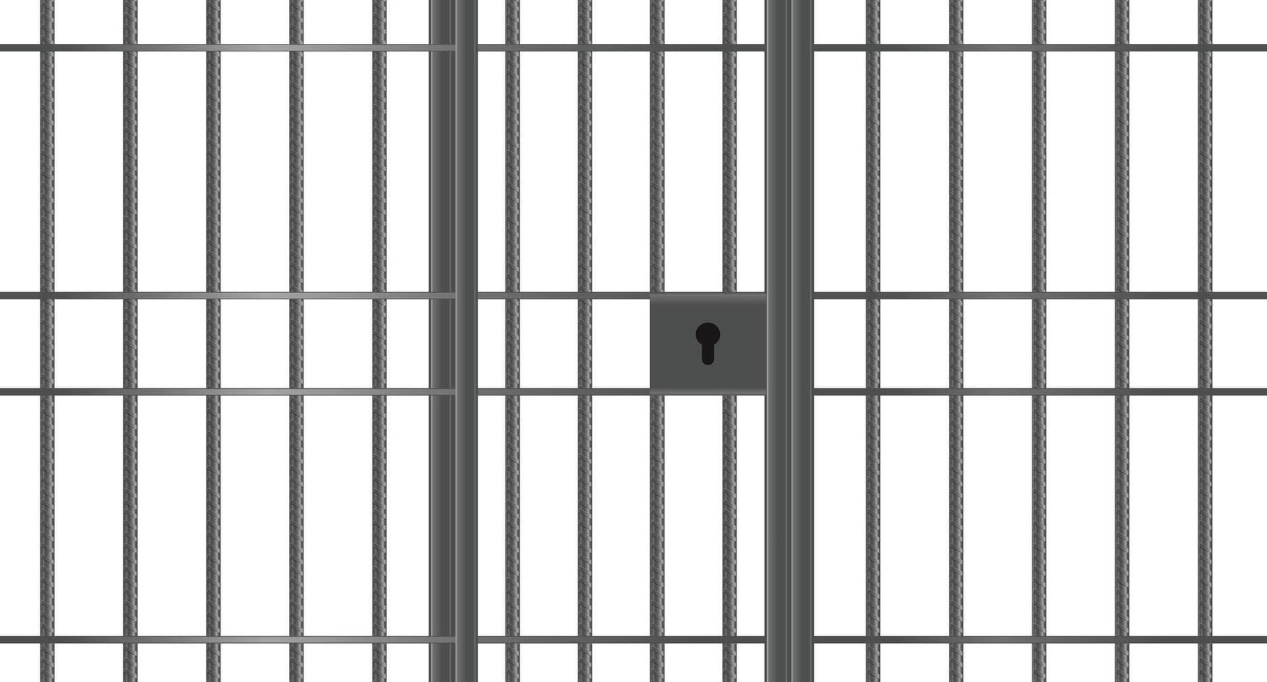 Realistic metal prison bars. Criminal background mockup. Prison cage with locked door metal bars. Jail door. Prison metal bars. Prison cell vector