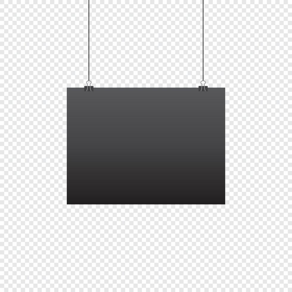 Paper hanging on clip. Poster mockup with black frame. Poster hanging on rope with clips. Realistic empty banner. illustration vector