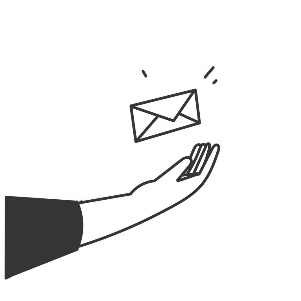 doodle cartoon hand holding envelope with mail icon illustration vector