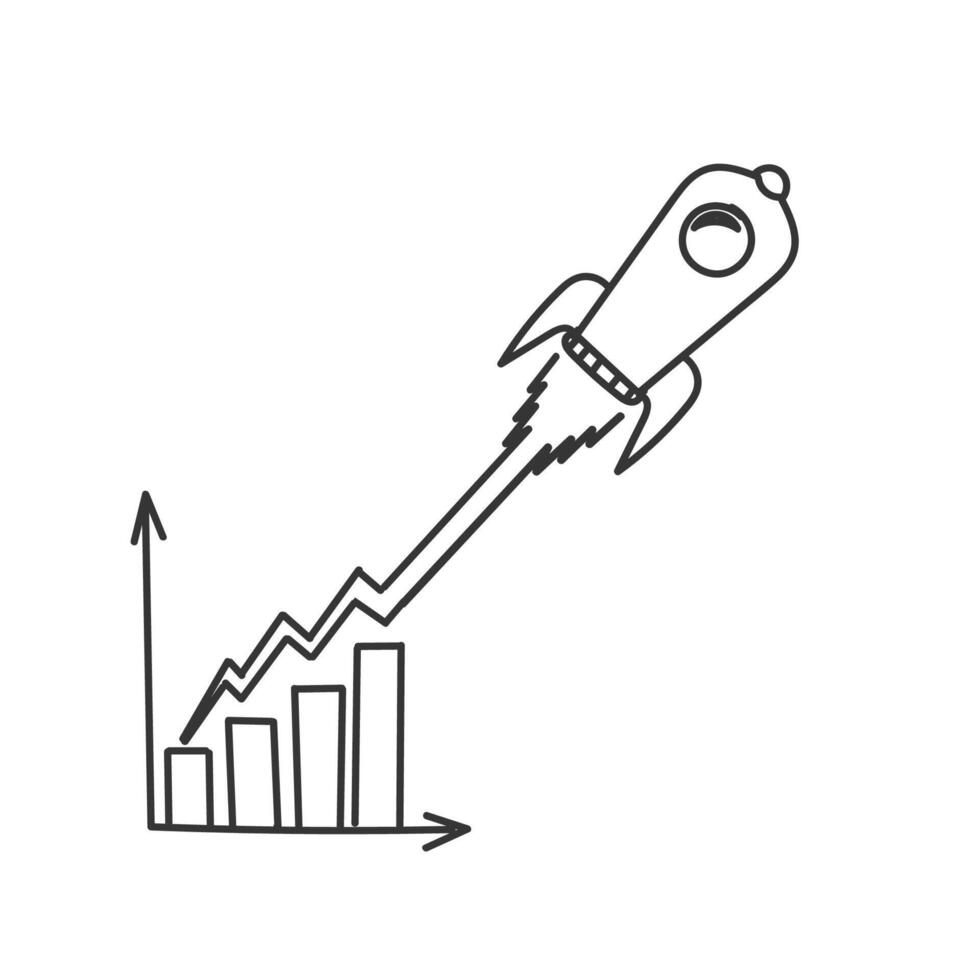 a rocket going up a graph chart with a line drawing of a rocket vector