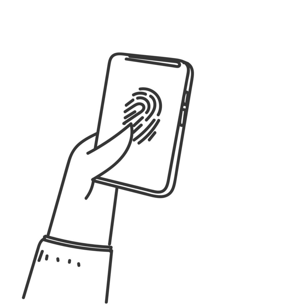 a hand holding a smartphone with a fingerprint scanner vector