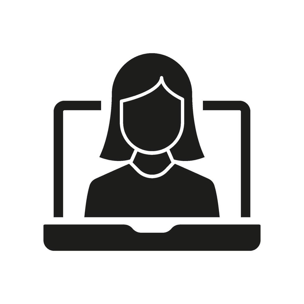 Online Call with Woman Silhouette Icon for Virtual Support and Communication. Online Conference Glyph Symbol. Virtual Meeting and Remote Communication. Isolated Illustration vector