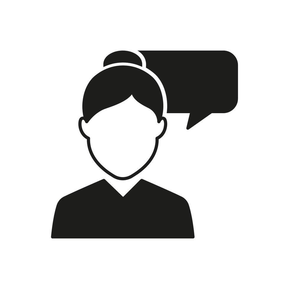 Female Avatar Silhouette Icon with Speech Bubble. Communication or Conversation Glyph Icon. Dialogue or Discussion. Isolated Illustration vector