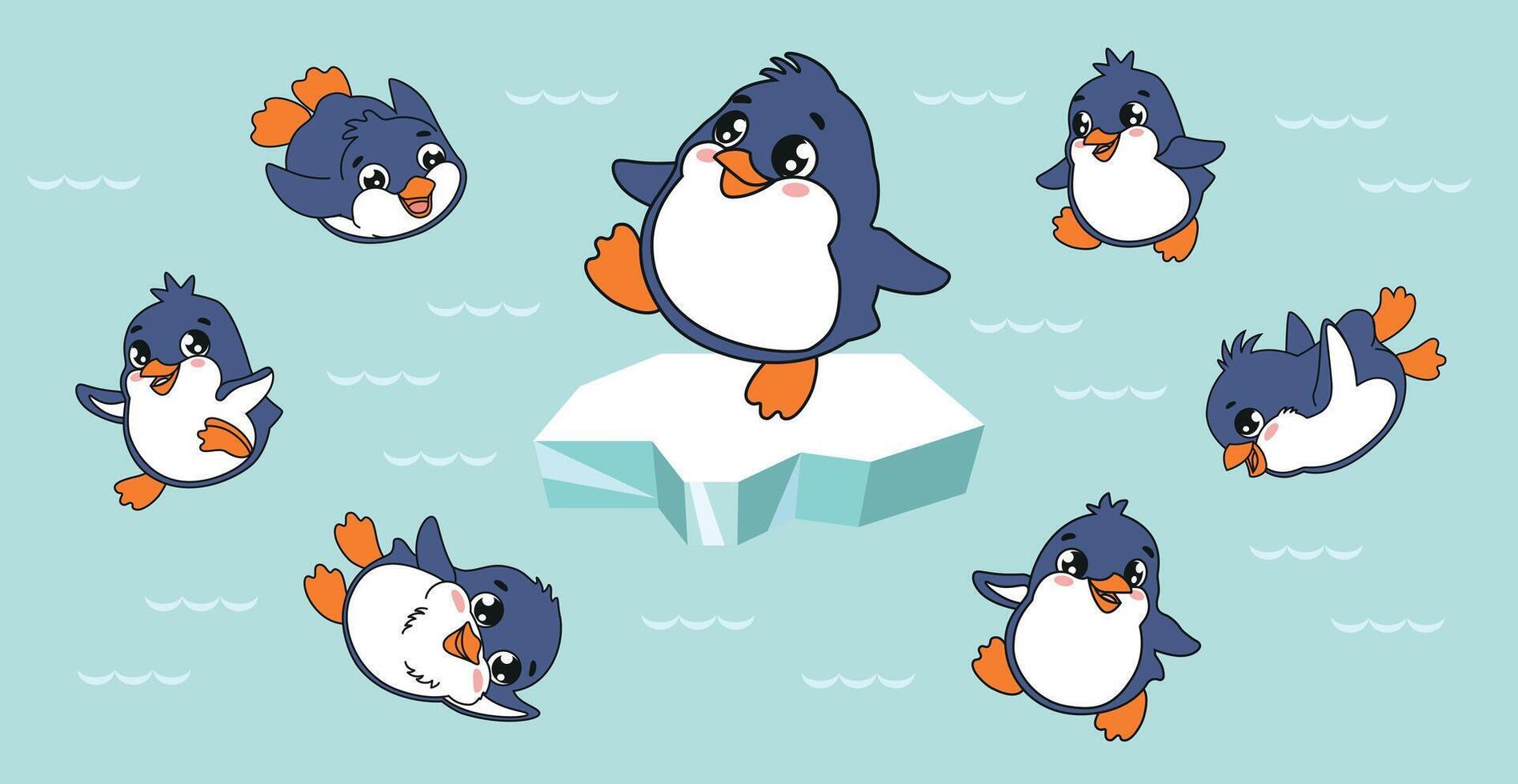 Set of cartoon penguins in different positions. Hand-drawn character on blue background for children illustrations. vector
