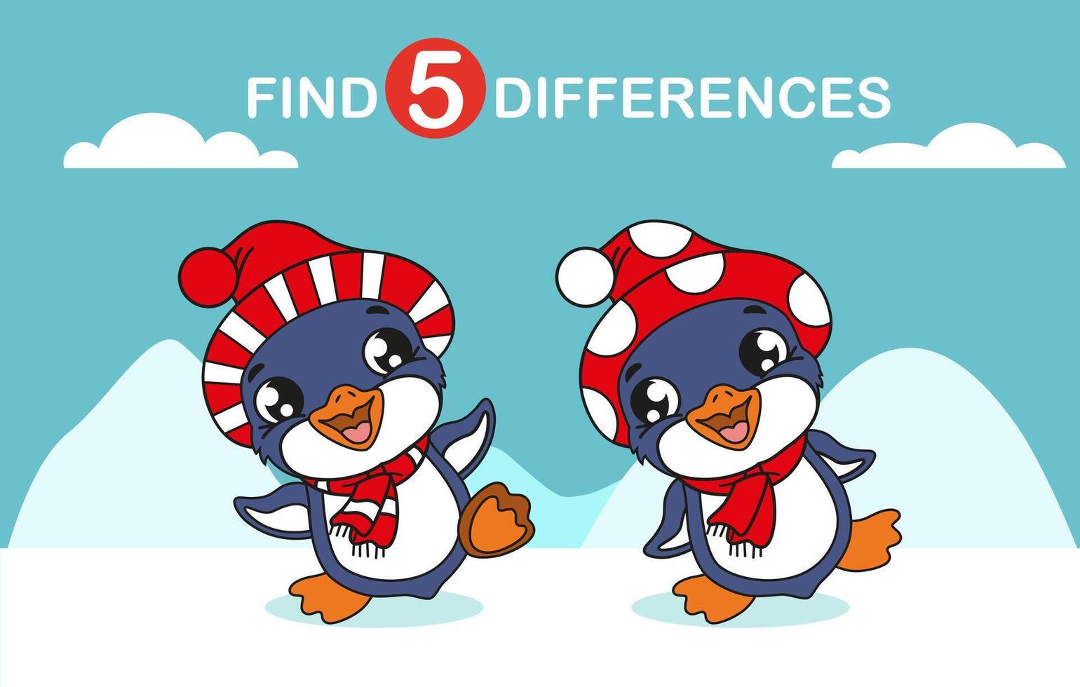 Cute Christmas penguin. Find 5 differences. Educational game for young children, preschoolers. Development of attention, memory, learning. vector