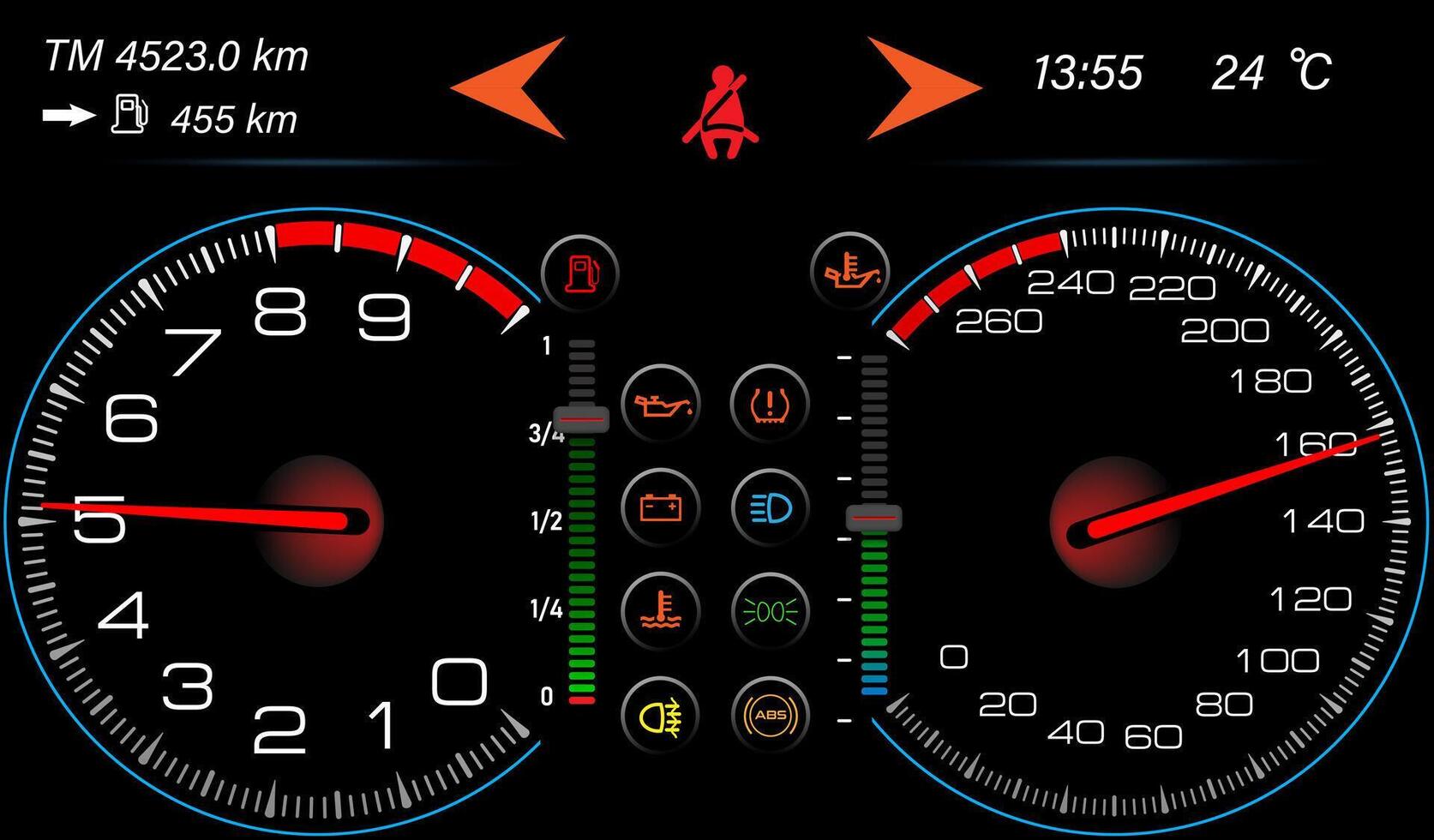 Stylish dashboard design of an automatic car with a speedometer. vector