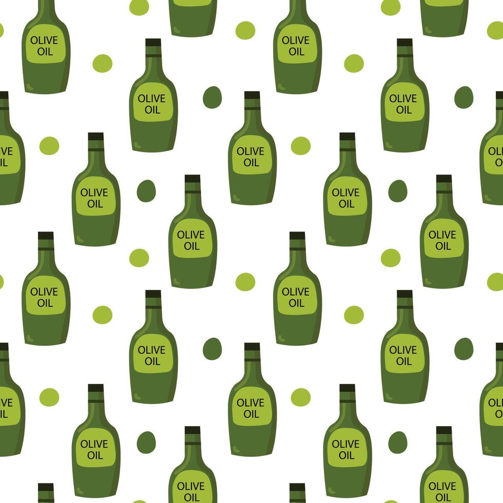 Seamless pattern with olive oil bottle and olives in different shades of green. vector
