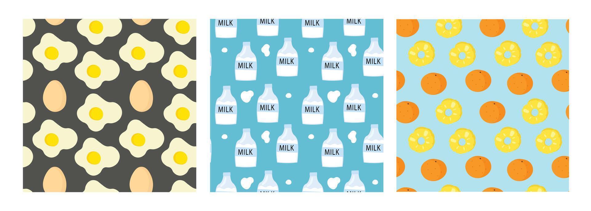 Group of seamless patterns with eggs, milk bottles, and oranges with donuts. vector