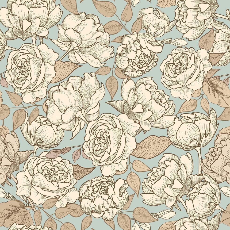 Flower peony line drawing pattern. Floral retro style seamless background. vector