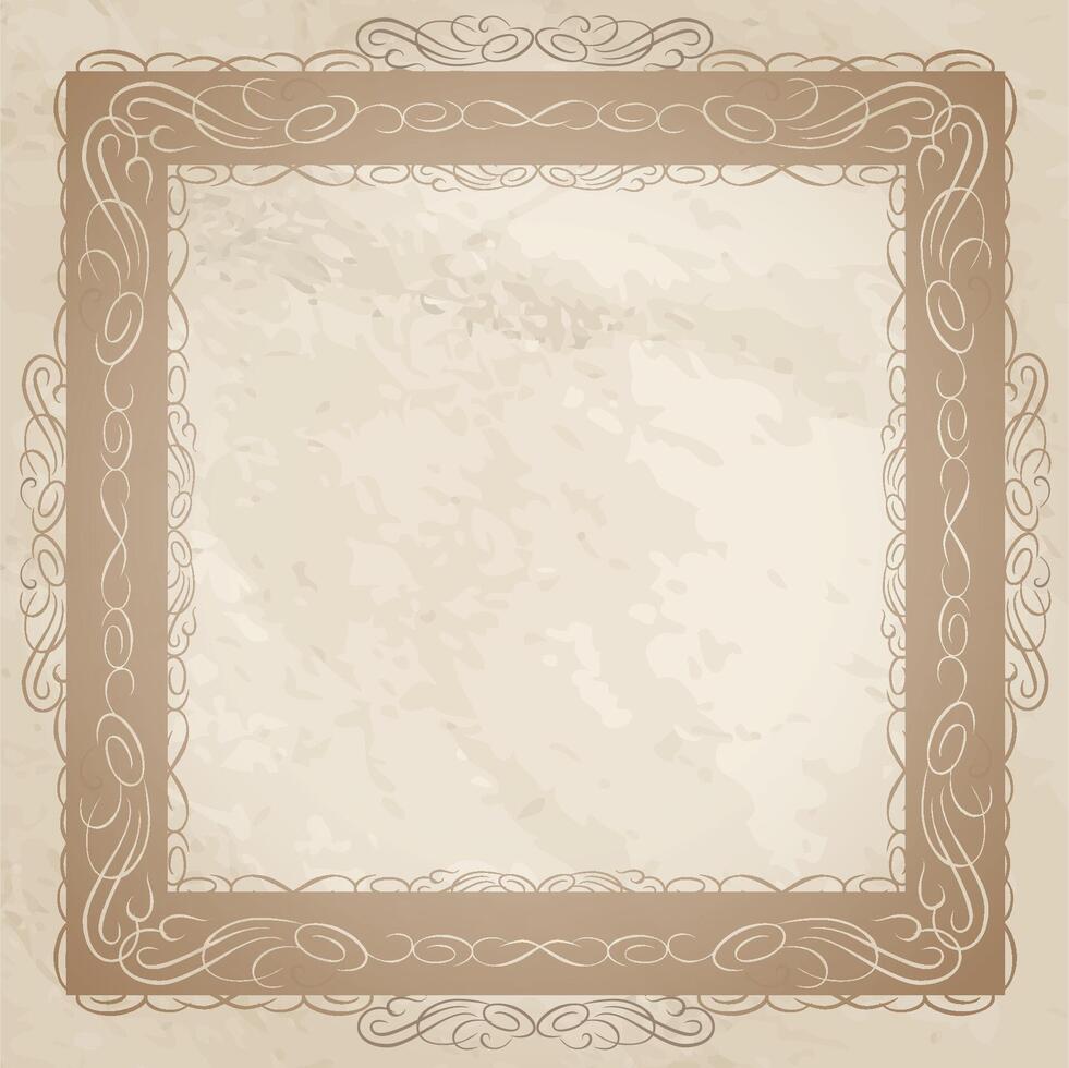 Parchment texture with calligraphic decor background. Vintage swirl line drawin vignette frame vector