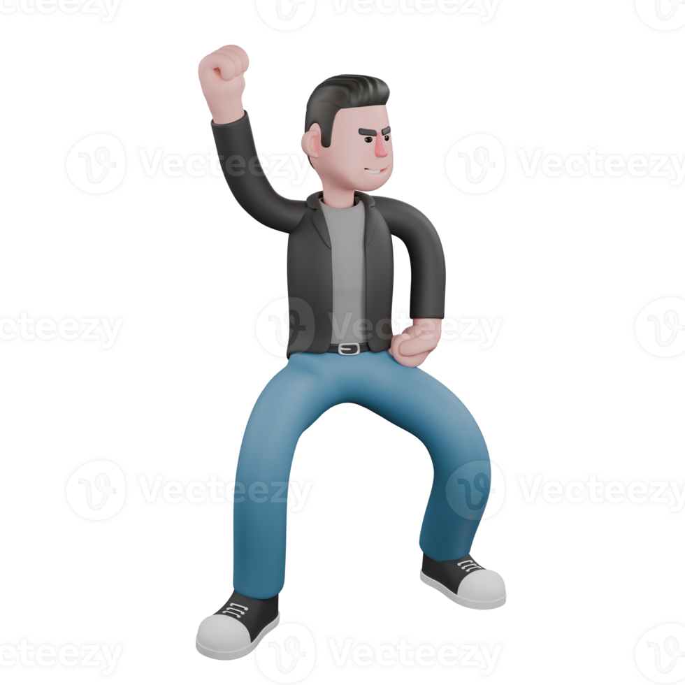 3D Screenwriter Character. A male screenwriter stands with his legs wide open with his left hand on his waist and his right fist clenched upwards, an expression of a strong hero. Artistic png