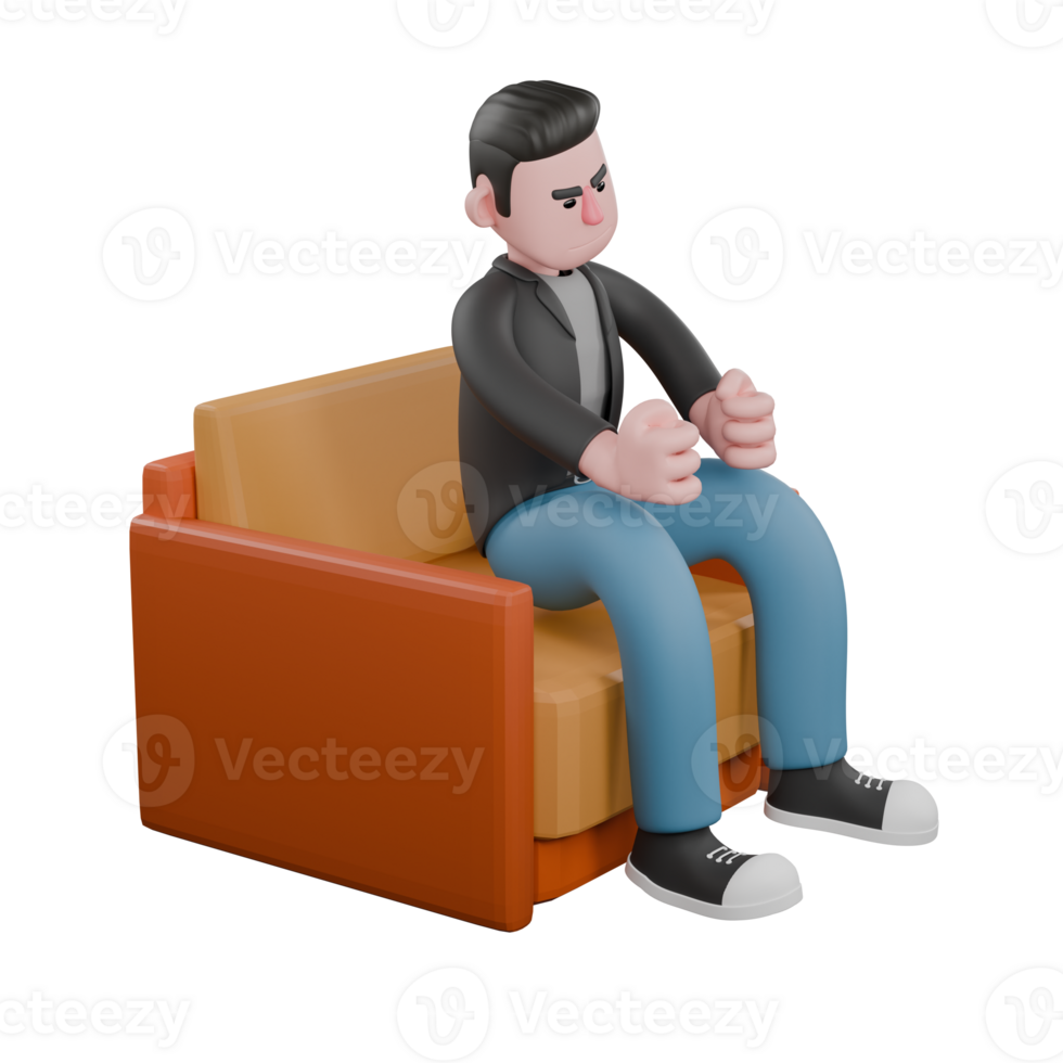 Professional Screenwriter Cartoon Design. A male screenwriter sits on a sofa with both hands clenched on his knees, an expression of annoyance. 3D Artistic Model png