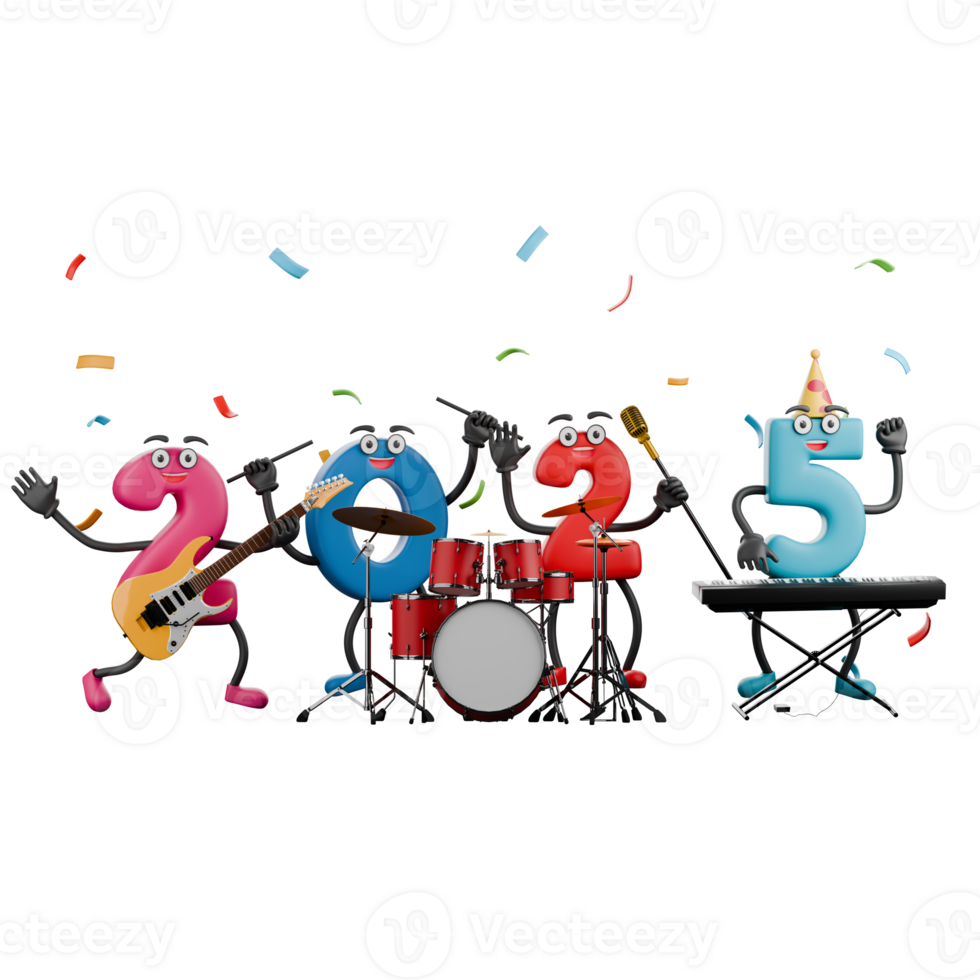 Lively New Year Party 3D Cartoon Characters. The number 2025 stands while playing their respective musical instruments with happy expressions. Illustration Design png