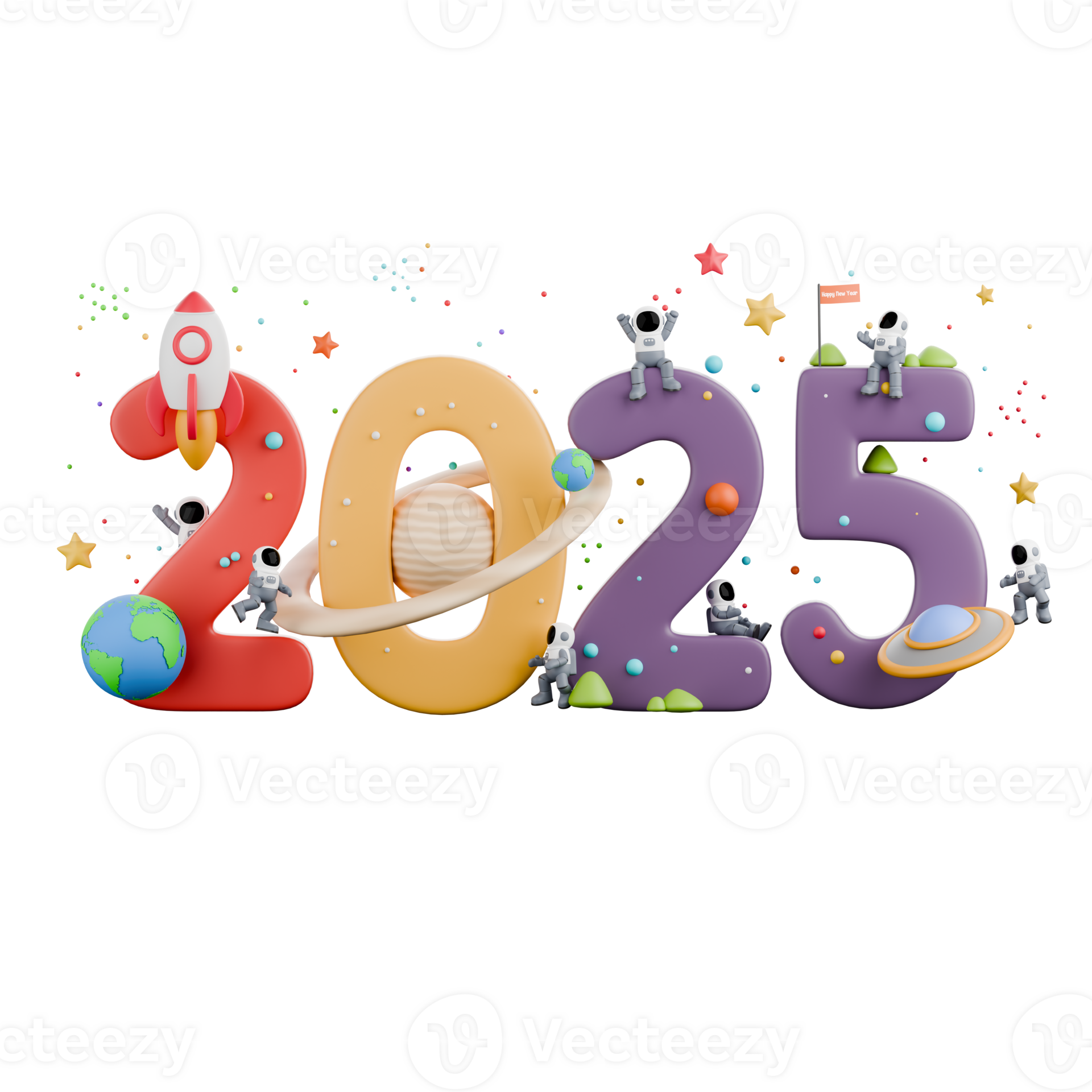 3D Cartoon Character for Astronaut Theme for New Year 2025. The number
