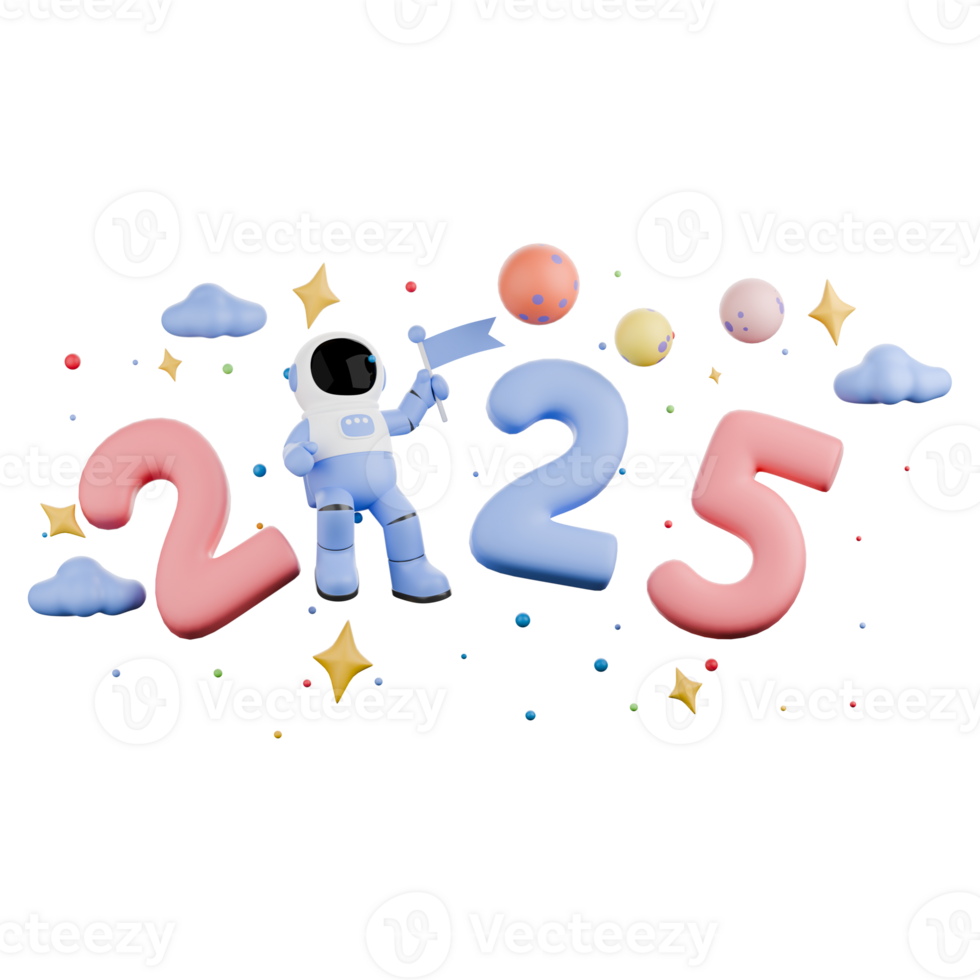 3D Cartoon Design of Astronaut Theme for New Year 2025. An Astronaut stands on the number 0 where all the numbers form 2025 with the Astronaut's left hand holding a flag. Illustration Character png