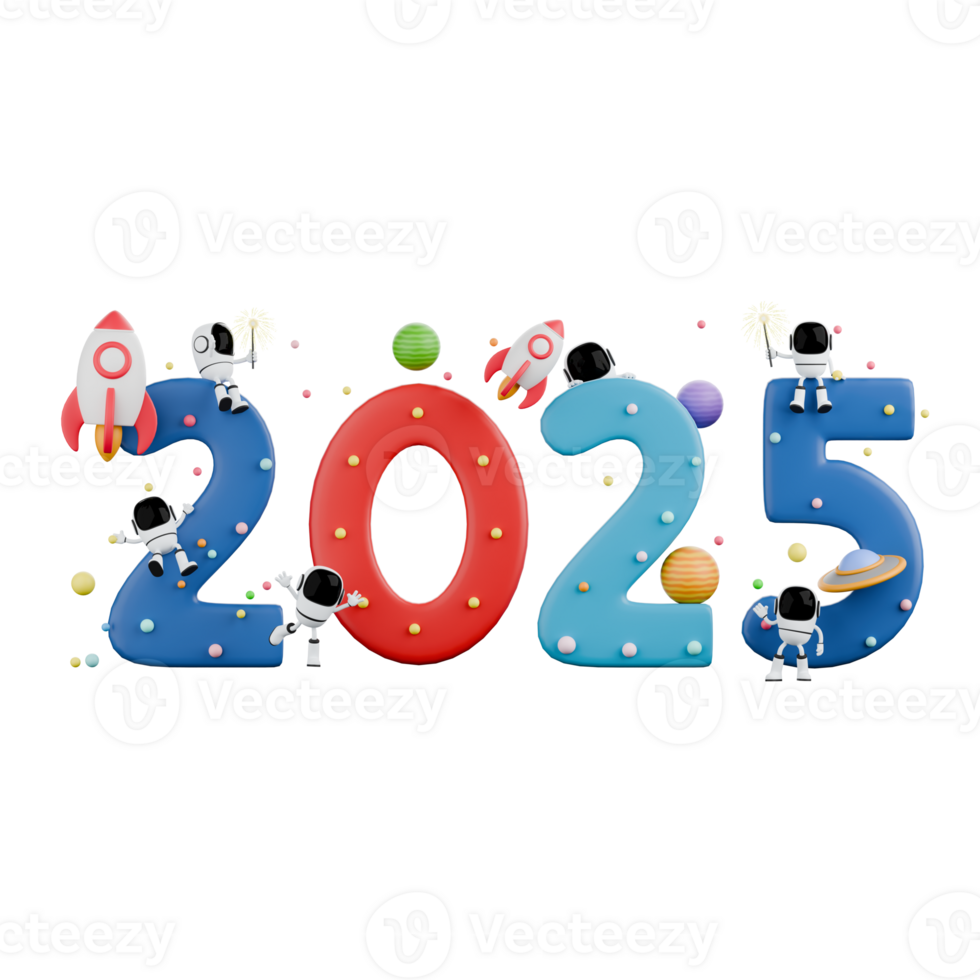 3D Cartoon Character for New Year 2025 with Astronaut Theme. The number