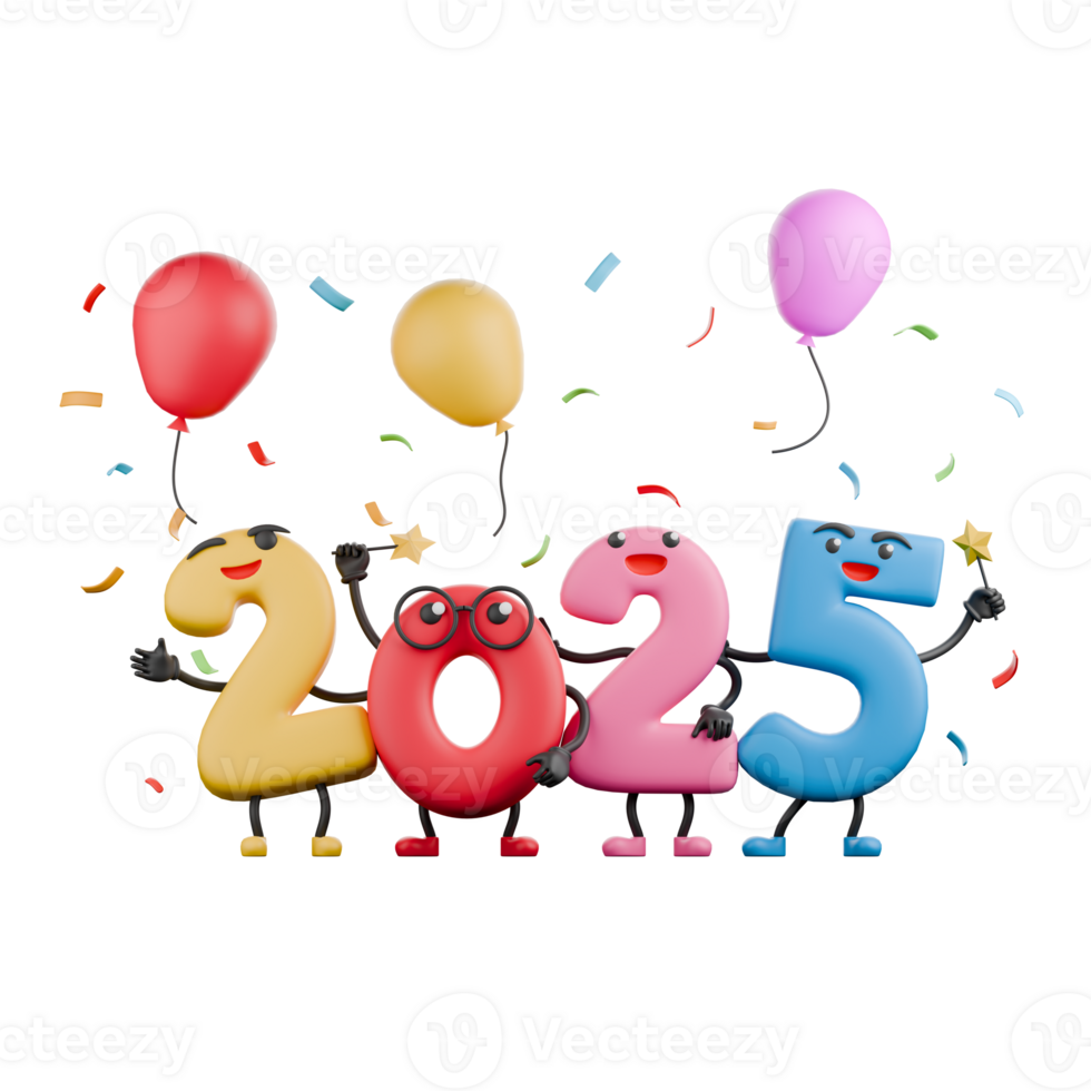 New Year Party Theme 3D Cartoon Design. A number 2025 embraces each other, above it are 3 balloons, a cheerful expression . Illustration Character png