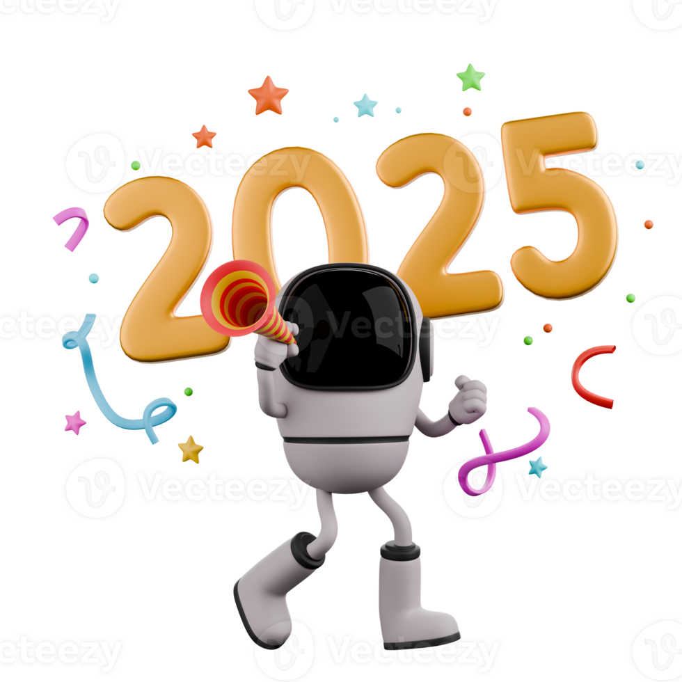 New Year Celebration Robot 3D Design. A robot walks while blowing a
