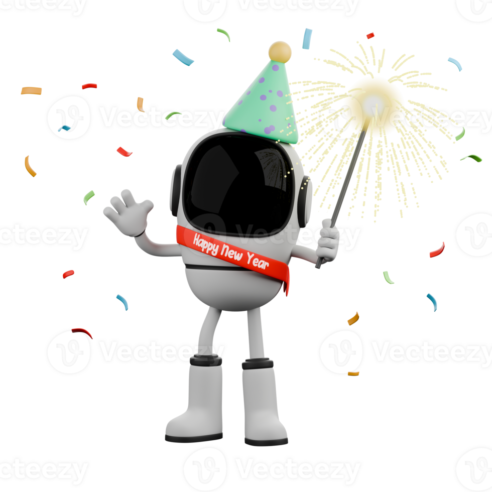 Robot Theme for New Year 3D Model. A robot stands with a party hat on its head while holding fireworks in one hand. Cartoon Illustration Style png