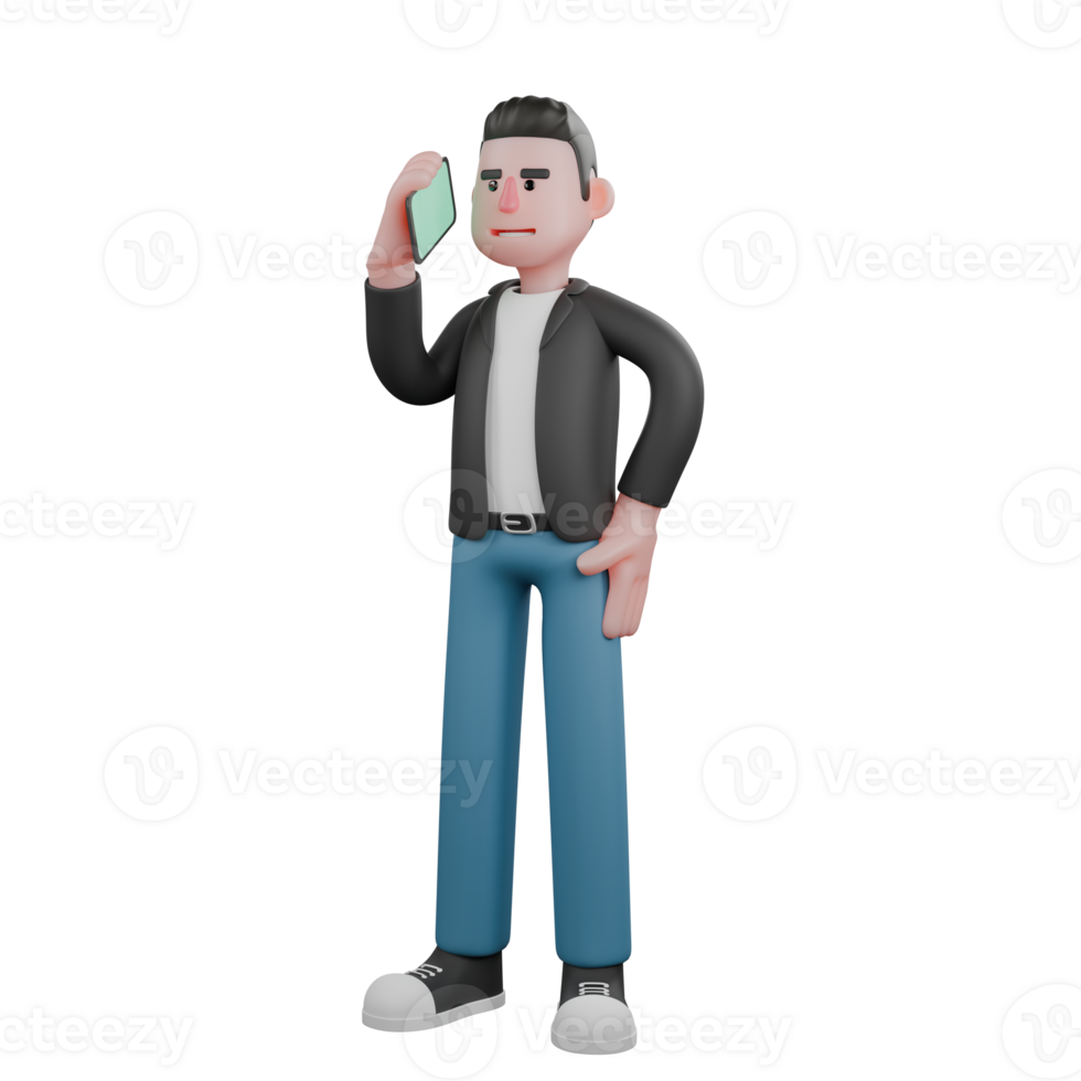 Cameraman 3D Cartoon Art Style. A cameraman man standing with right hand holding phone next to ear while left hand is on his waist, focused expression. Illustration Model png