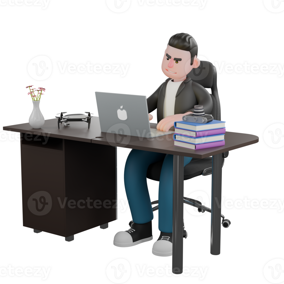 Cameraman 3D Cartoon Design. A male cameraman sits on a chair with both hands typing on a laptop on his desk, focused expression. Illustration Character png