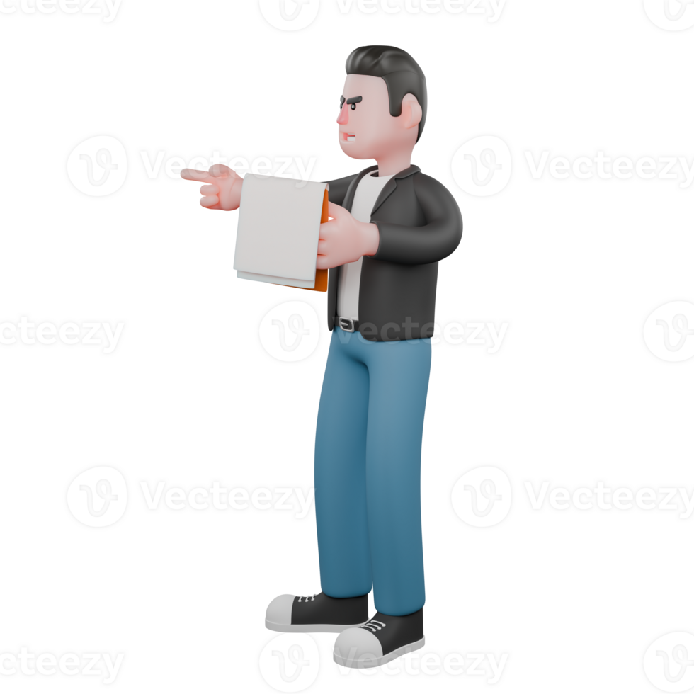 Cartoon Cameraman 3D Style Design. A Male Cameraman stands with one hand holding a clipboard and the other hand pointing forward with angry expression . Illustration Character png