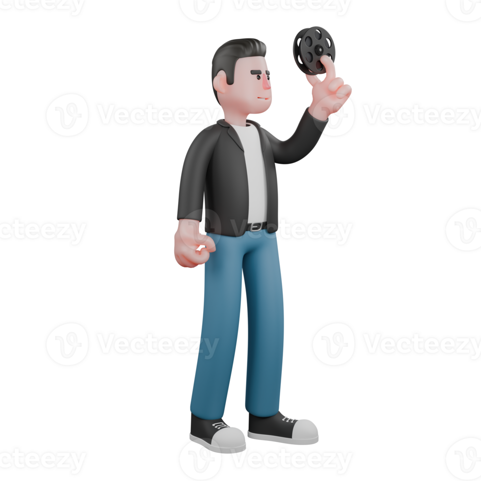 3D Cartoon Cameraman Character Artwork. A male cameraman holds a camera roll in his left hand, and his right hand is clenched. Illustration Style png
