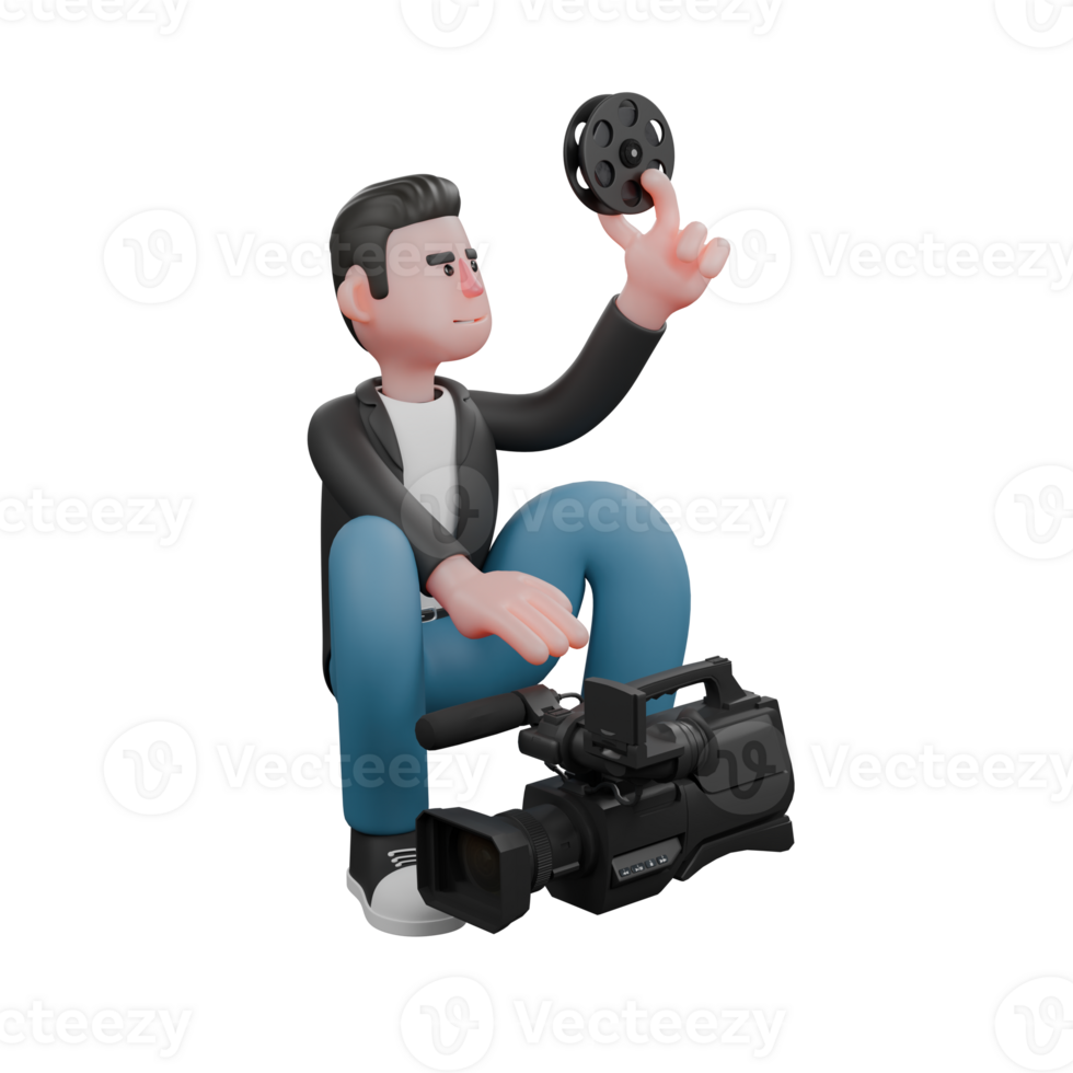 Cameraman 3D Cartoon Art Design Model. A male cameraman sits with his left hand raised while holding a camera roll, and his left hand looks as if he wants to take a camera. Illustration Style png