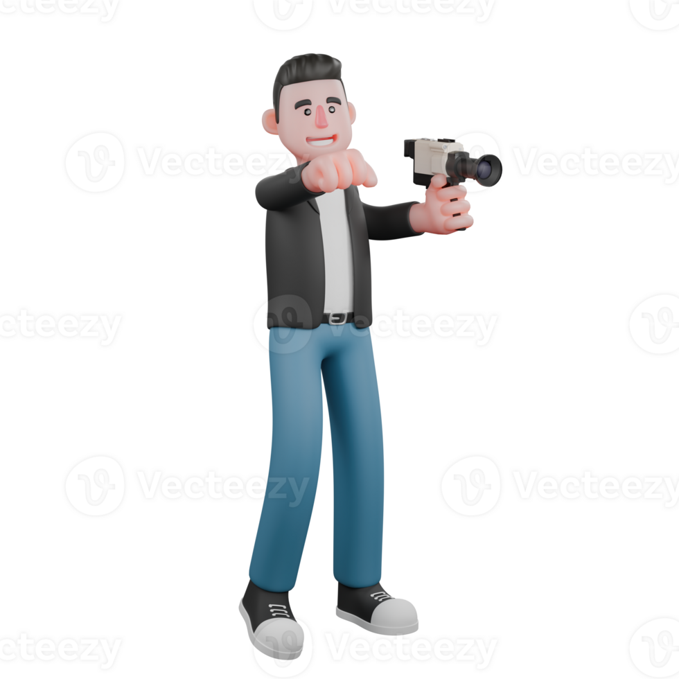 Cameraman 3D Cartoon Artwork Character. A male cameraman stands holding a cinema camera in his left hand, and his right hand is facing forward while clenched. Illustration Art png