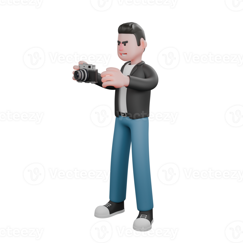 Cartoon Cameraman Design Creative Artwork 3D. A Male Cameraman stands with his right hand holding a camera as if he wants to take a photo, serious expression . Illustration Model png