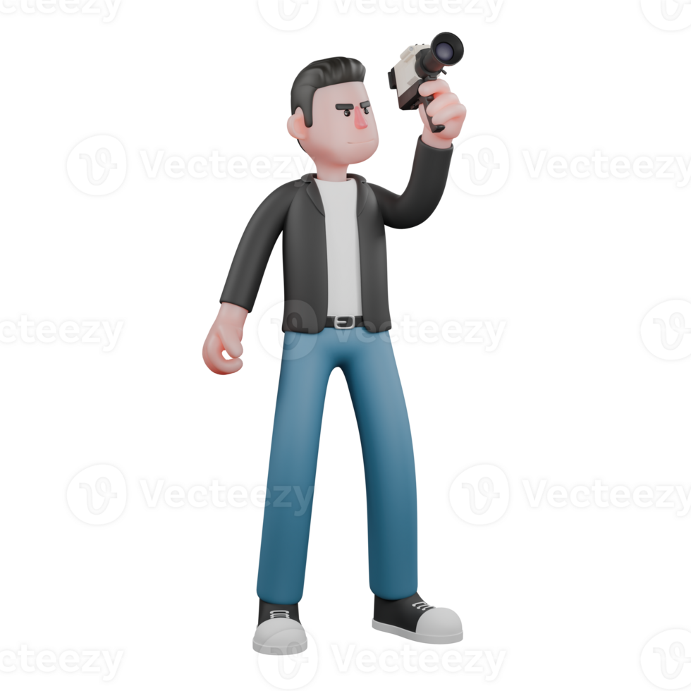Cartoon Cameraman Design Style Artwork in 3D. A male cameraman stands holding a camera in his left hand, focused expression . Creative Art png