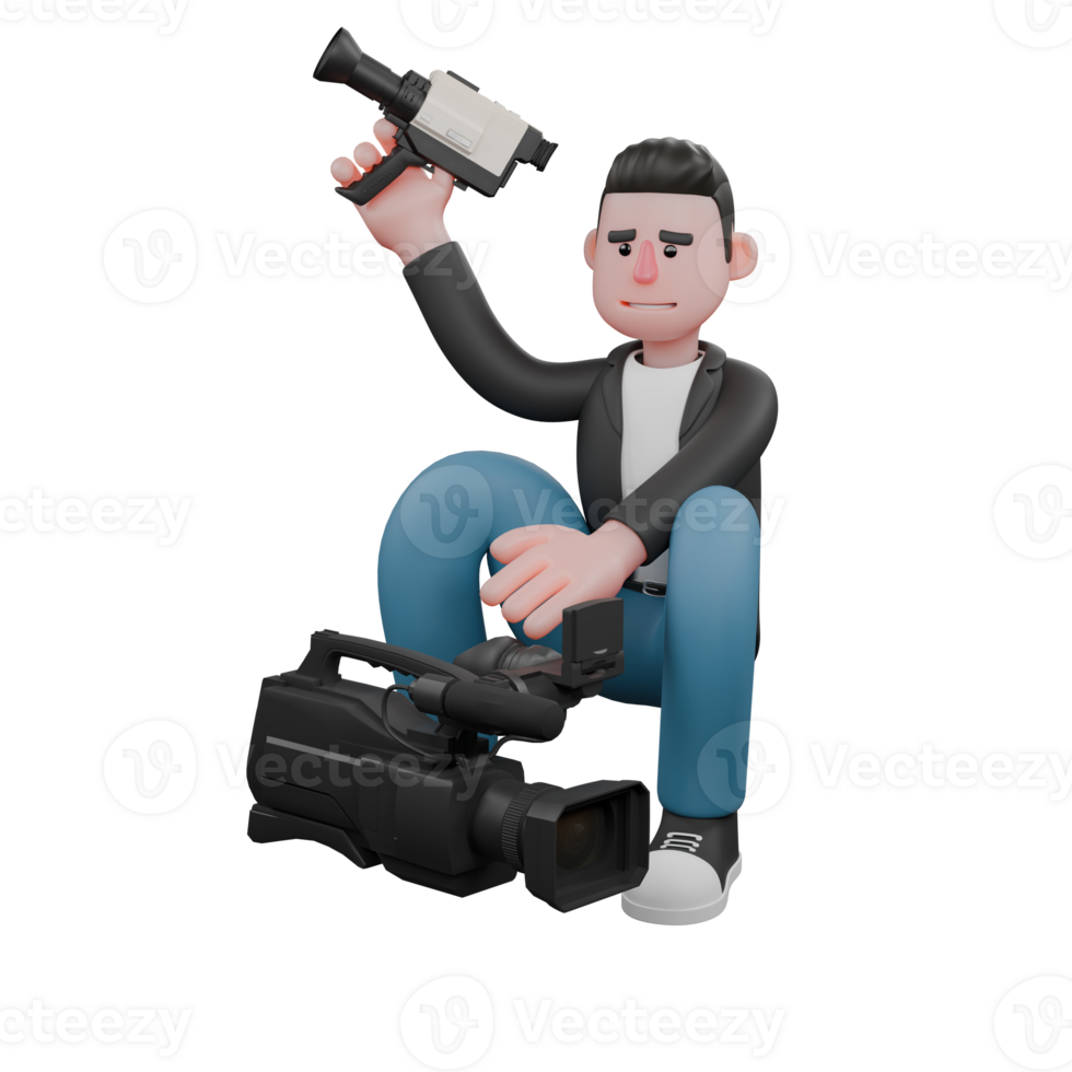 Cameraman Character Design in 3D Cartoon Artwork. A male cameraman squats with one hand holding a camera and in front of him is a cinema camera, tired expression . Illustration png