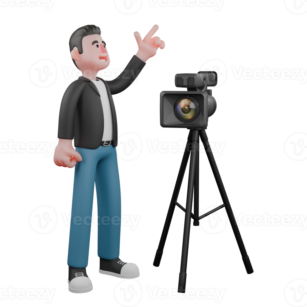 3D Cartoon Cameraman Artwork in Creative Style. A Male Cameraman stands next to a cinema camera with his left hand pointing up . Illustration png