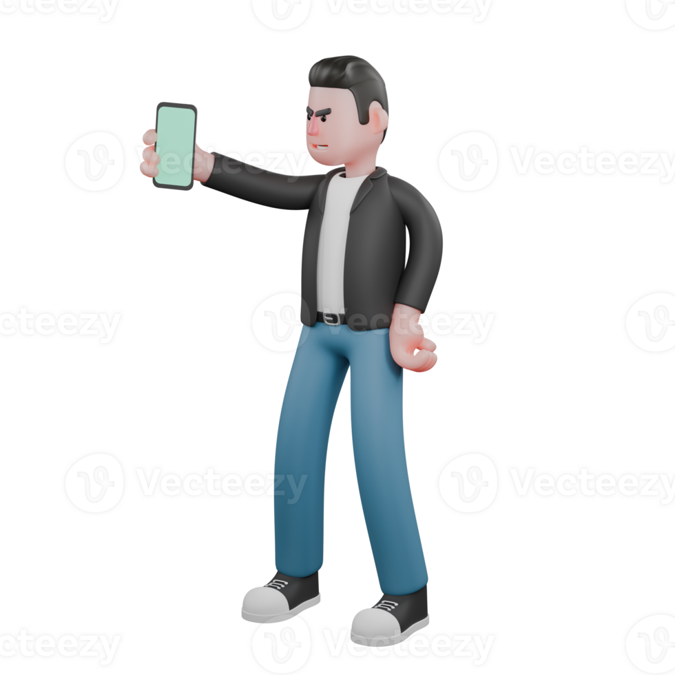 Cameraman 3D Cartoon Artwork Design Style. A male cameraman stands while showing a cellphone screen in his right hand, angry expression . Illustration Character png