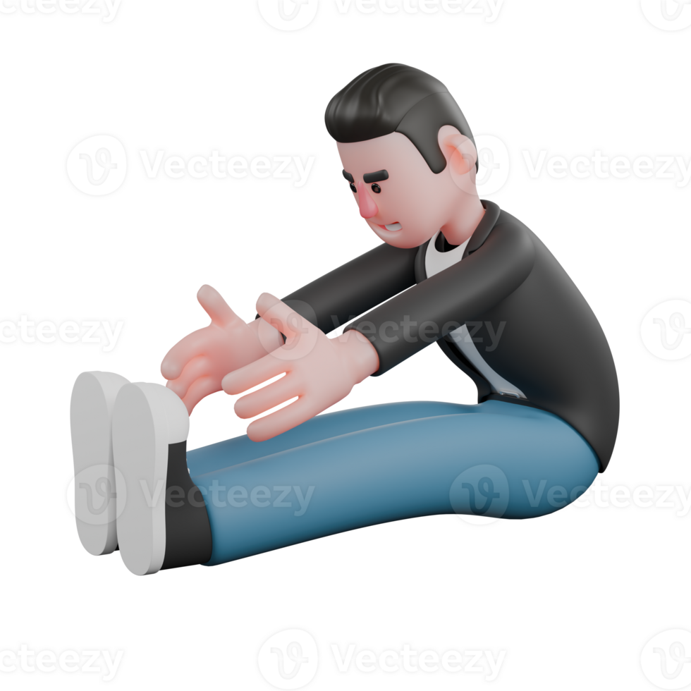 Cartoon Cameraman Creative 3D Artwork Model. A male cameraman sits with legs straight up front, body bent forward, hands wanting to reach his thighs. Illustration Design png