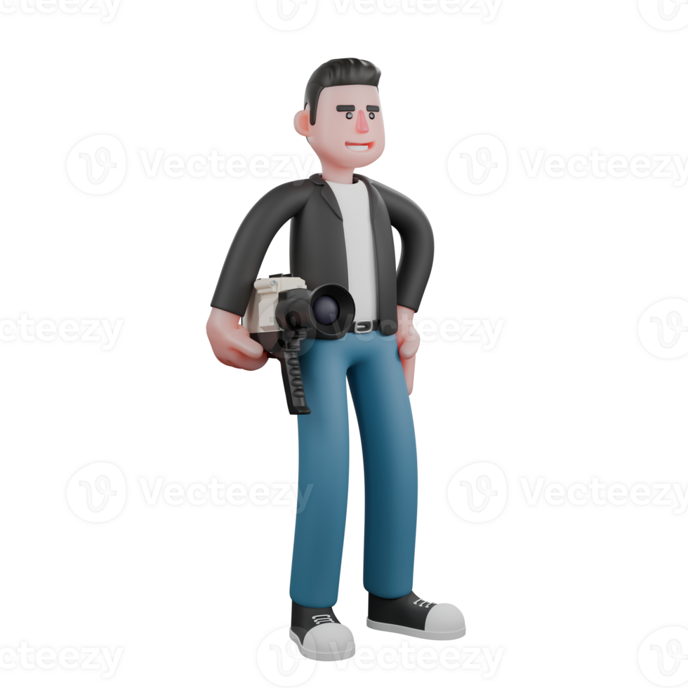 Creative Artwork Design of 3D Cartoon Cameraman Character. A male stands with a cinema camera on his waist while holding it in his right hand, and his left hand is on his waist Illustration Art png