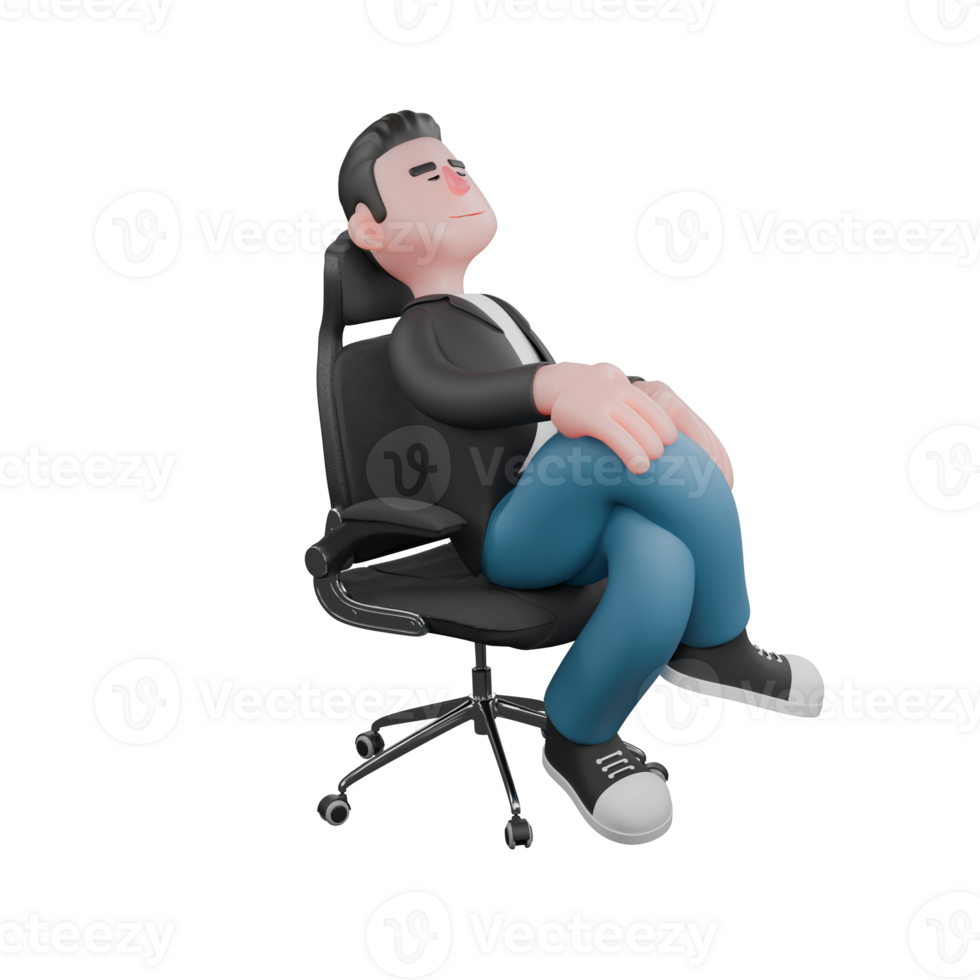Creative Artwork Design of 3D Cartoon Cameraman Character. A male cameraman sits leaning back in a chair with his legs crossed and his hands on his knees, relaxed expression. Illustration Art png