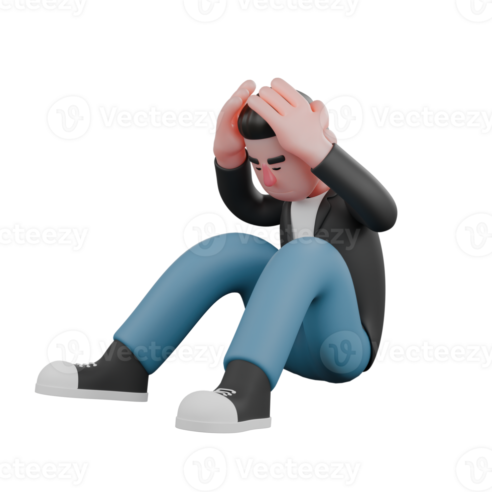 3D Cameraman Character in Cartoon Artwork Design Style. A male cameraman sits on the floor with both hands holding his fists, a look of despair. Illustration png