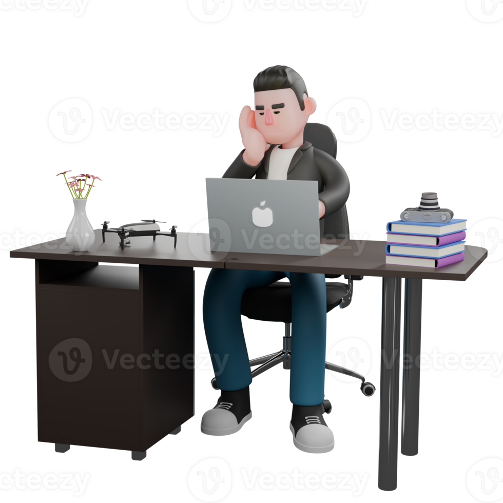 3D Creative Cartoon Cameraman Artwork Design Style Model. A male cameraman sits on a chair with a laptop on a table while typing on a keyboard with his left hand, and his right hand is on his cheek. png