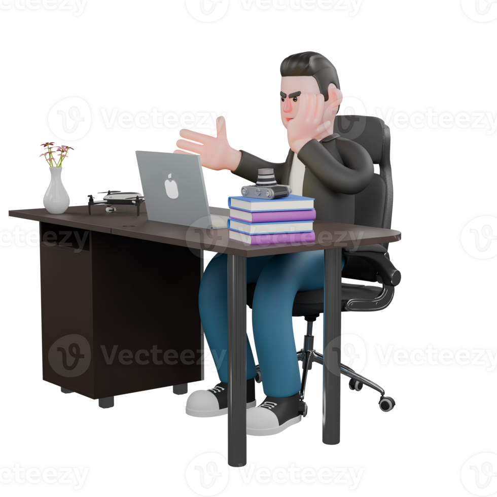 Creative 3D Artwork Design in Cartoon Style of Cameraman. A male cameraman sits behind a desk with his left hand supporting his chin and his right hand reaching out towards a laptop. Illustration png