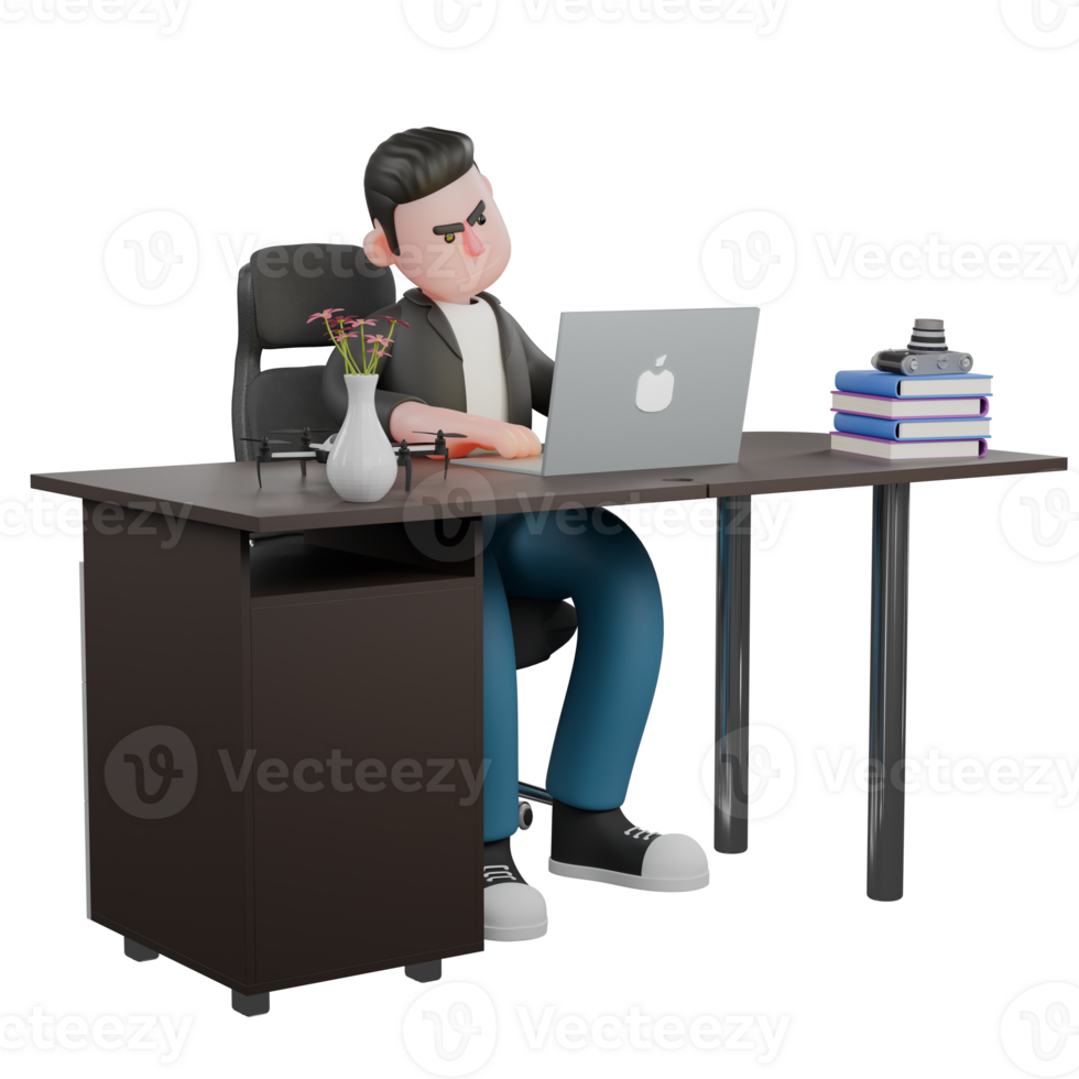 Cartoon Cameraman 3D Creative Artwork Design Model. A male cameraman sits on a chair with a laptop on the table, a look of focus. Illustration png