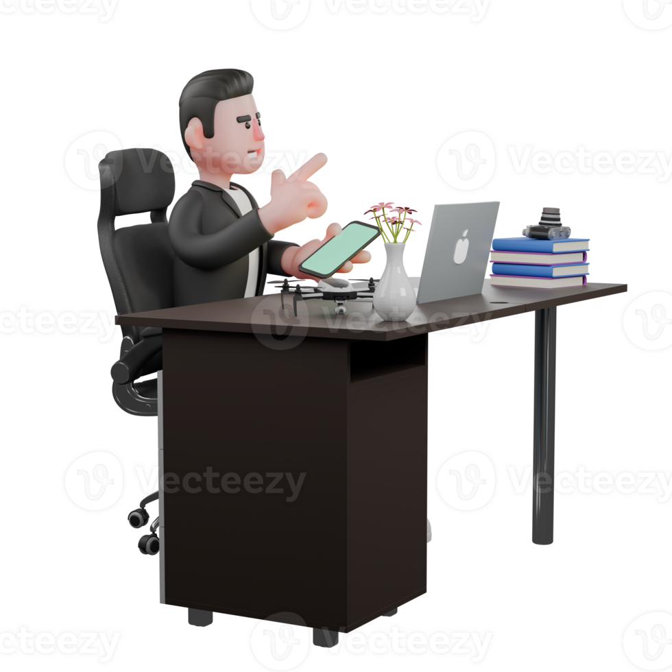 Cartoon Cameraman Design Style Creative Artwork 3D. A male cameraman sits behind a desk with his right hand holding a mobile phone and his left hand pointing in a certain direction. Illustration png